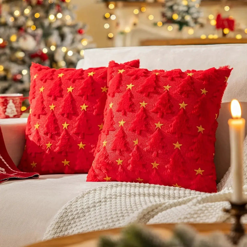 Plush Christmas Pillow Covers 45.72x45.72 cm - Green/Red/Golden Lace-Like Patterns, Zippered by House Of Avana