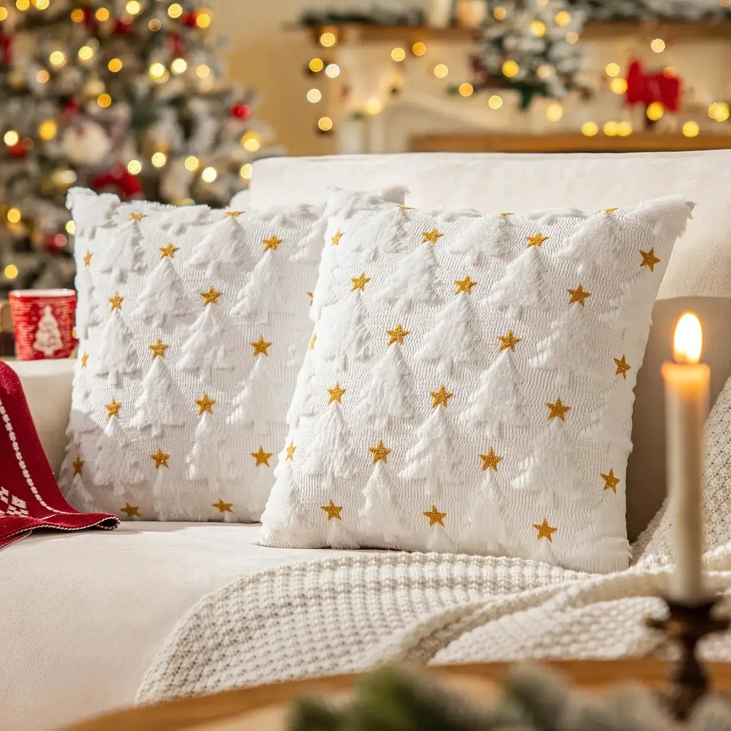 Plush Christmas Pillow Covers 45.72x45.72 cm - Green/Red/Golden Lace-Like Patterns, Zippered by House Of Avana