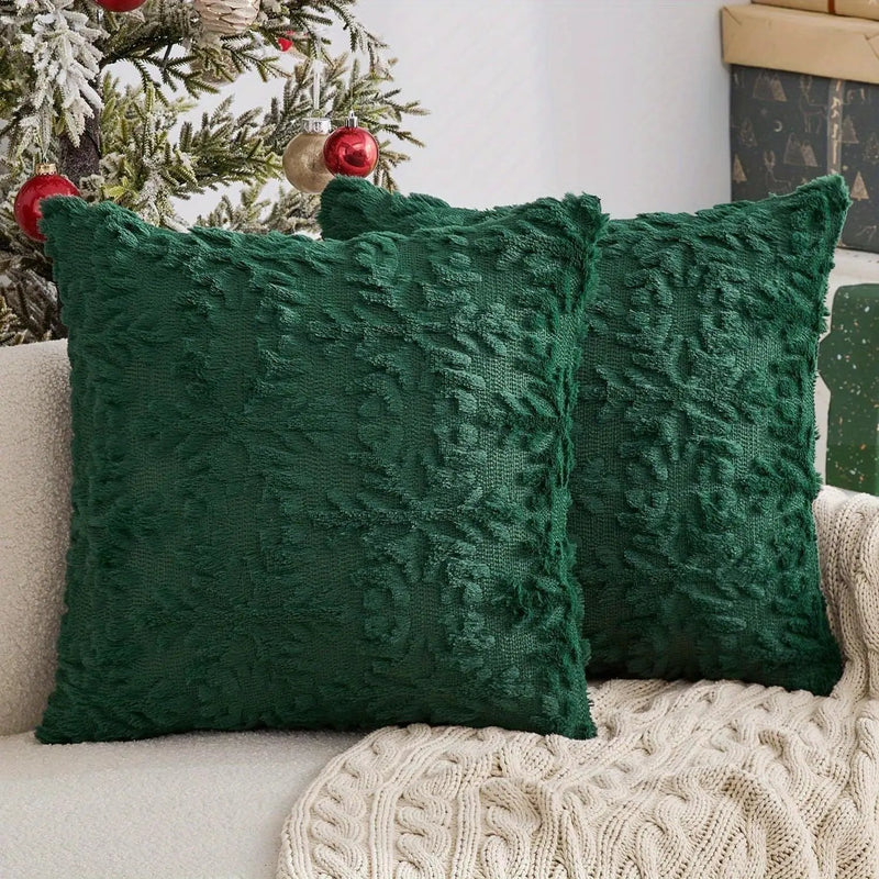Plush Christmas Pillow Covers 45.72x45.72 cm - Green/Red/Golden Lace-Like Patterns, Zippered by House Of Avana