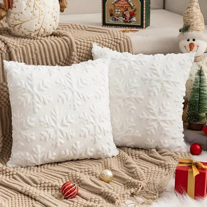 Plush Christmas Pillow Covers 45.72x45.72 cm - Green/Red/Golden Lace-Like Patterns, Zippered by House Of Avana