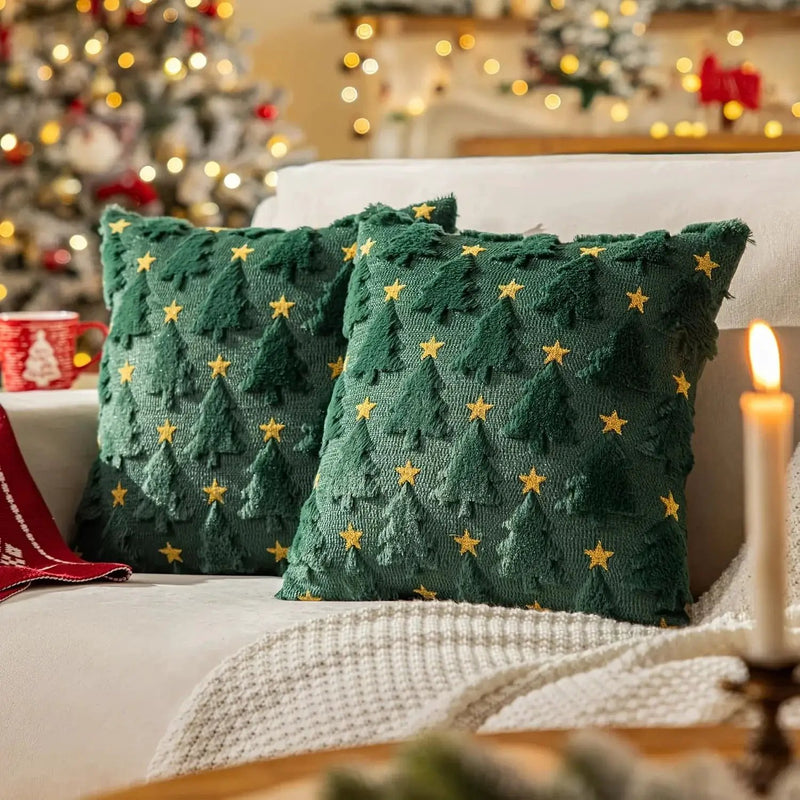 Plush Christmas Pillow Covers 45.72x45.72 cm - Green/Red/Golden Lace-Like Patterns, Zippered by House Of Avana