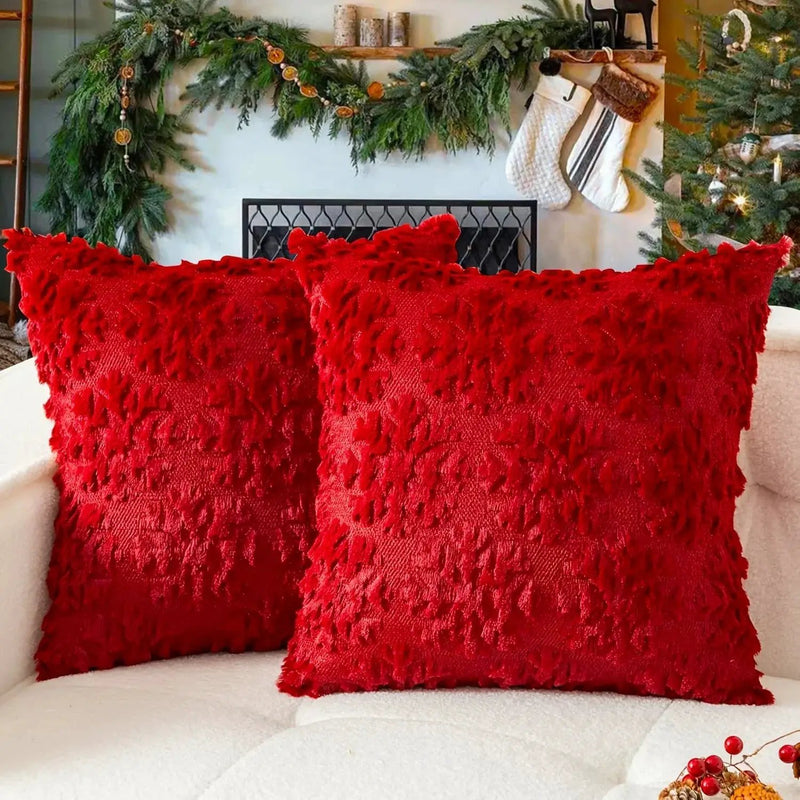 Plush Christmas Pillow Covers 45.72x45.72 cm - Green/Red/Golden Lace-Like Patterns, Zippered by House Of Avana