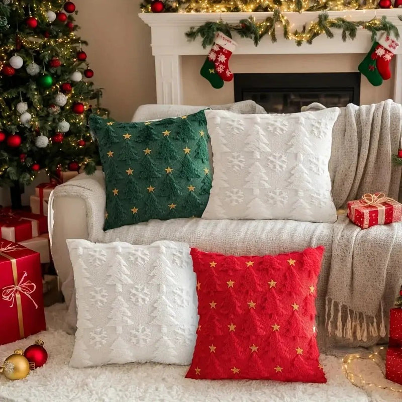Plush Christmas Pillow Covers 45.72x45.72 cm - Green/Red/Golden Lace-Like Patterns, Zippered by House Of Avana