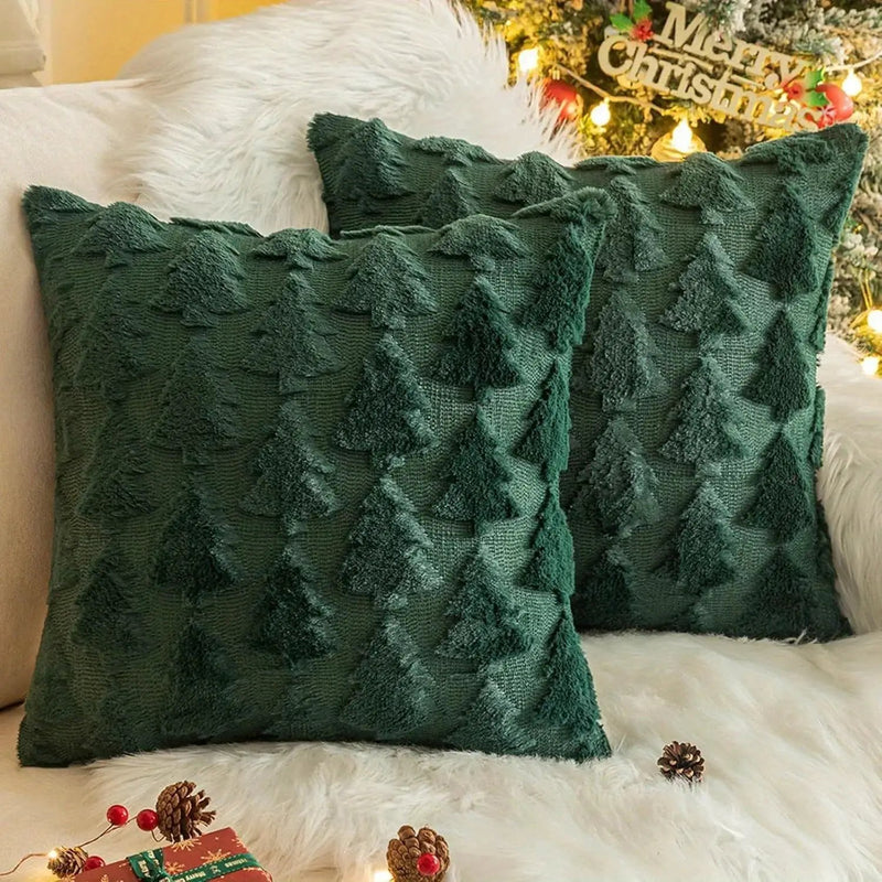 Plush Christmas Pillow Covers 45.72x45.72 cm - Green/Red/Golden Lace-Like Patterns, Zippered by House Of Avana