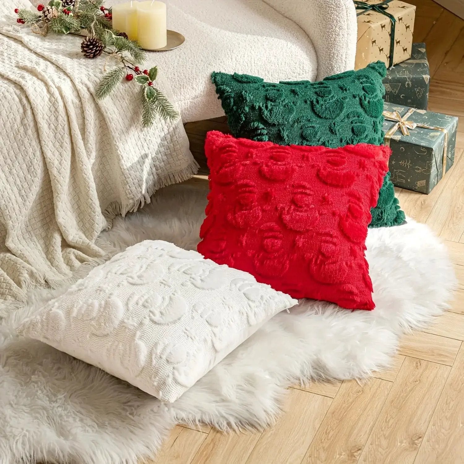 Plush Christmas Pillow Covers 45.72x45.72 cm - Green/Red/Golden Lace-Like Patterns, Zippered by House Of Avana