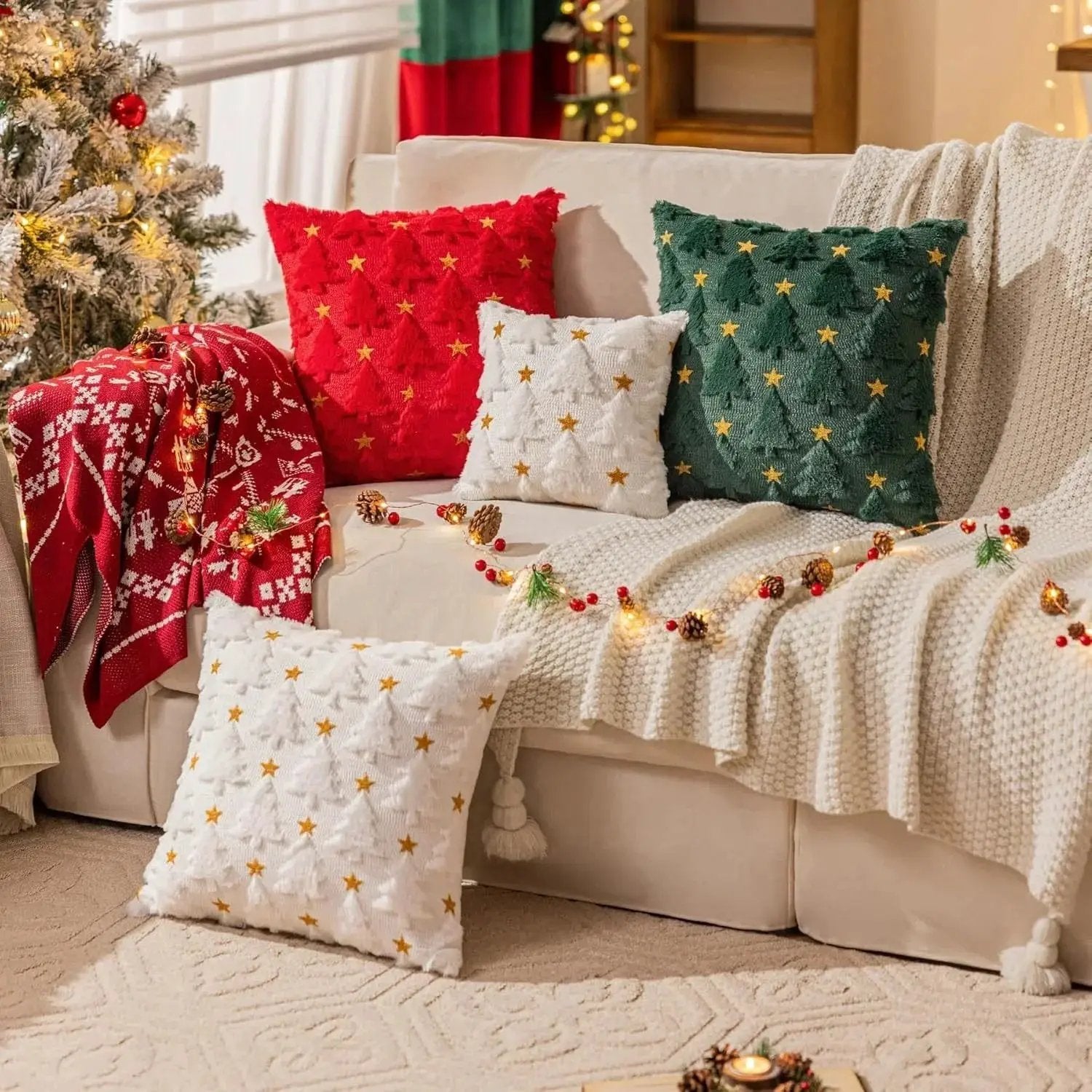 Plush Christmas Pillow Covers 45.72x45.72 cm - Green/Red/Golden Lace-Like Patterns, Zippered by House Of Avana