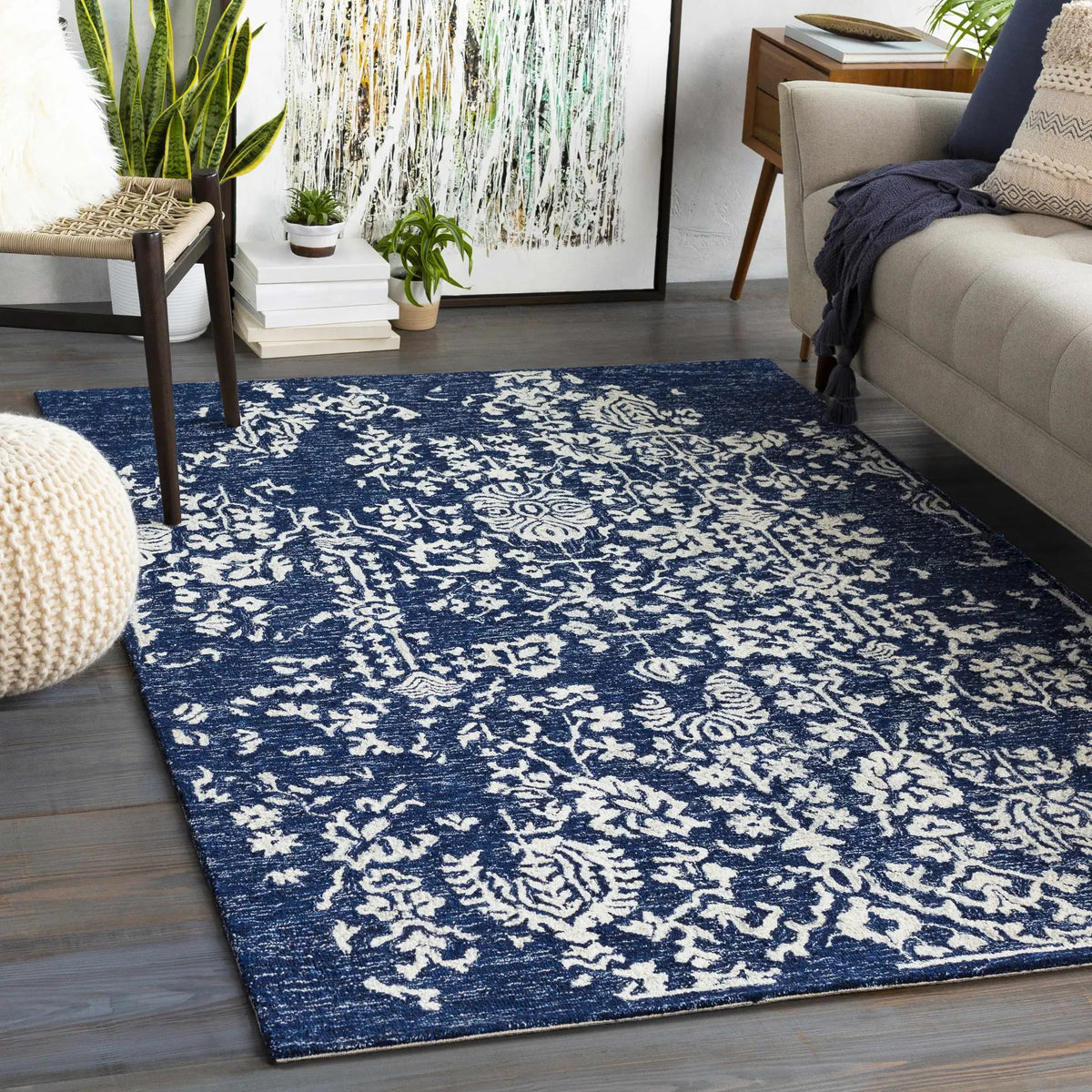 Poole Navy Wool Area Carpet, installed in a room
