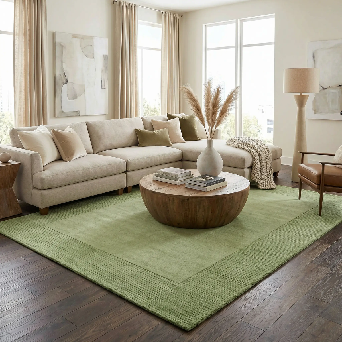 Bordered Solid Green Wool Rug, photo 2 of 16