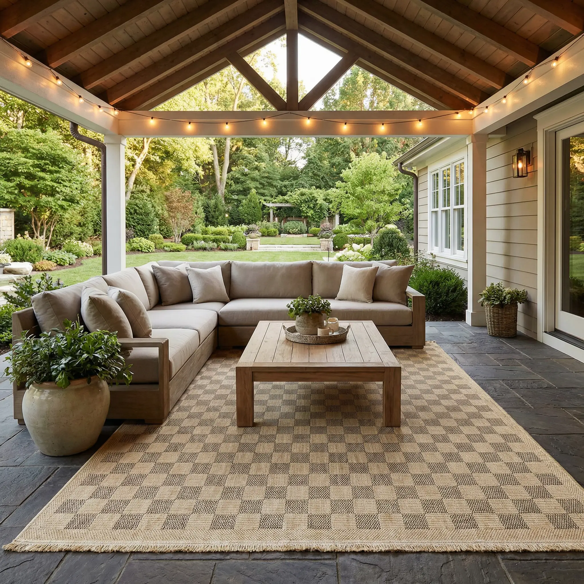 Jurek Beige & Brown Checkered Outdoor Area Rug, photo 2 of 11