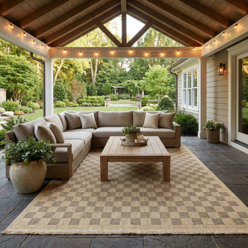 Jurek Beige & Brown Checkered Outdoor Area Rug by Boutique Rugs