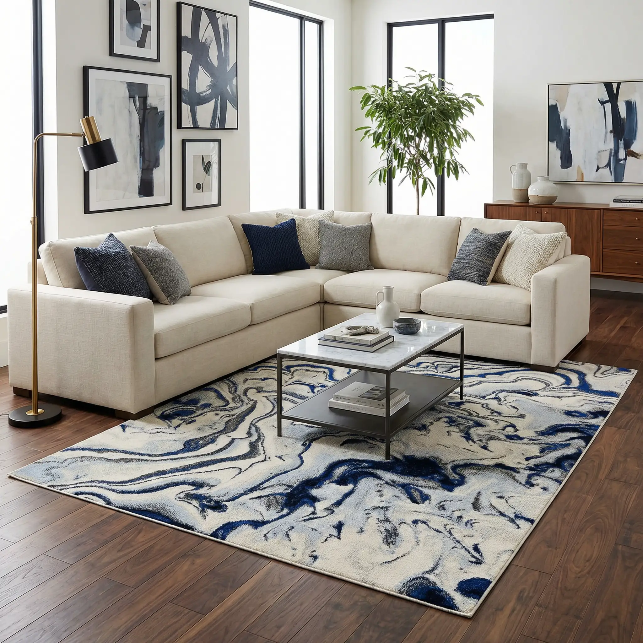 Glendon Cream Blue Marble Rug - Clearance by Boutique Rugs