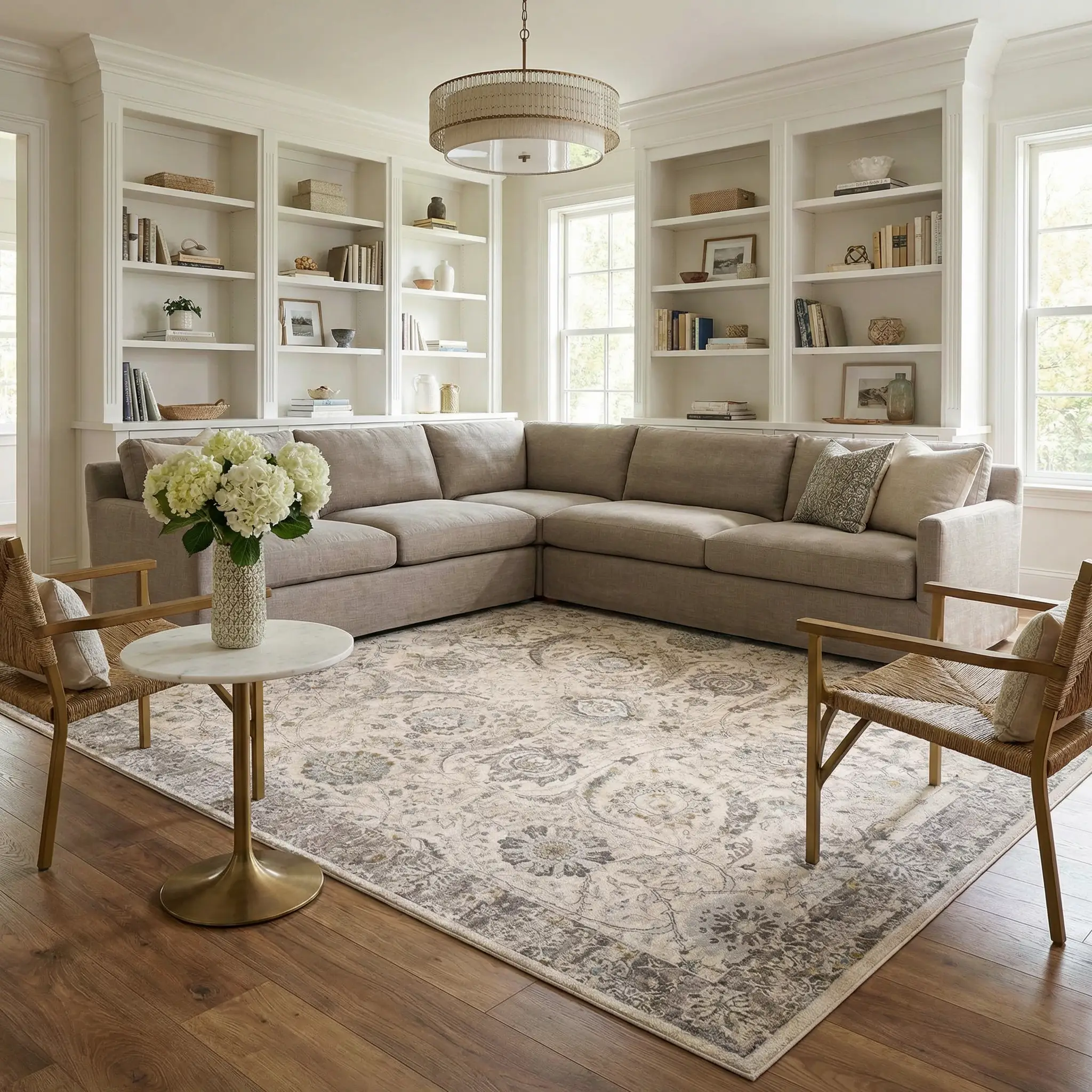 Gauge Cream & Gray Blue Rug with Fringes by Boutique Rugs