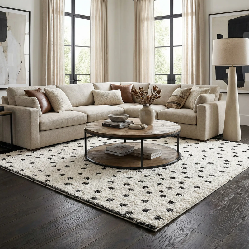 Chaia Dotted Black & White Plush Rug - Clearance by Boutique Rugs