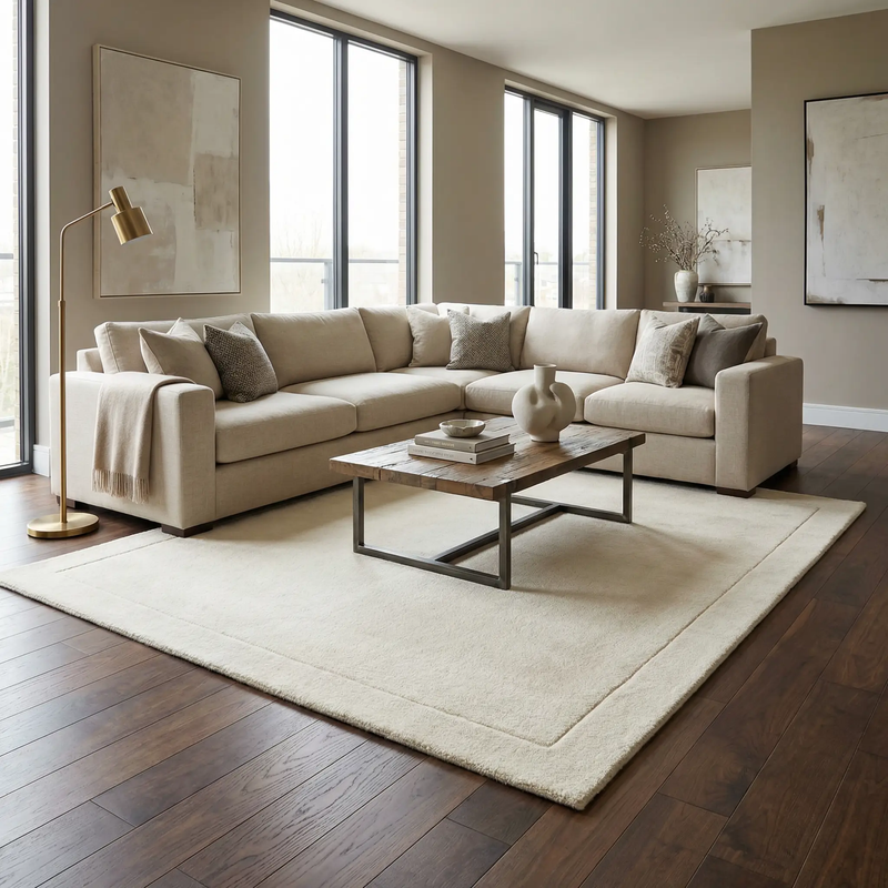 Bordered Solid Beige Cream Wool Rug by Boutique Rugs