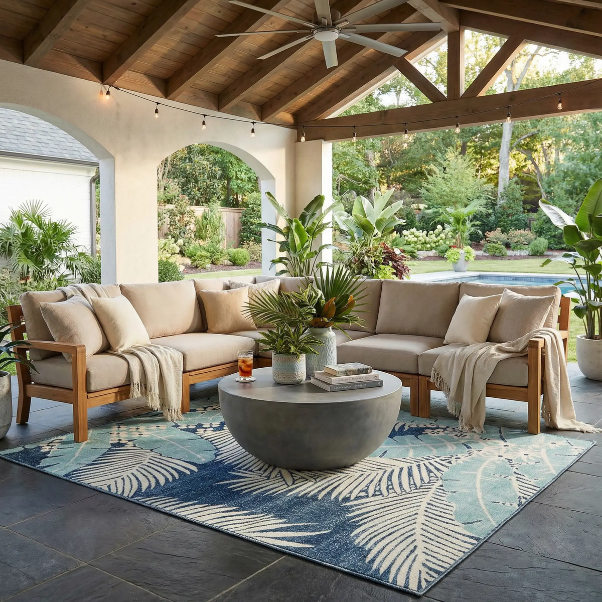 Thebarton Coastal Blue Palm Outdoor Area Rug, photo 2 of 17