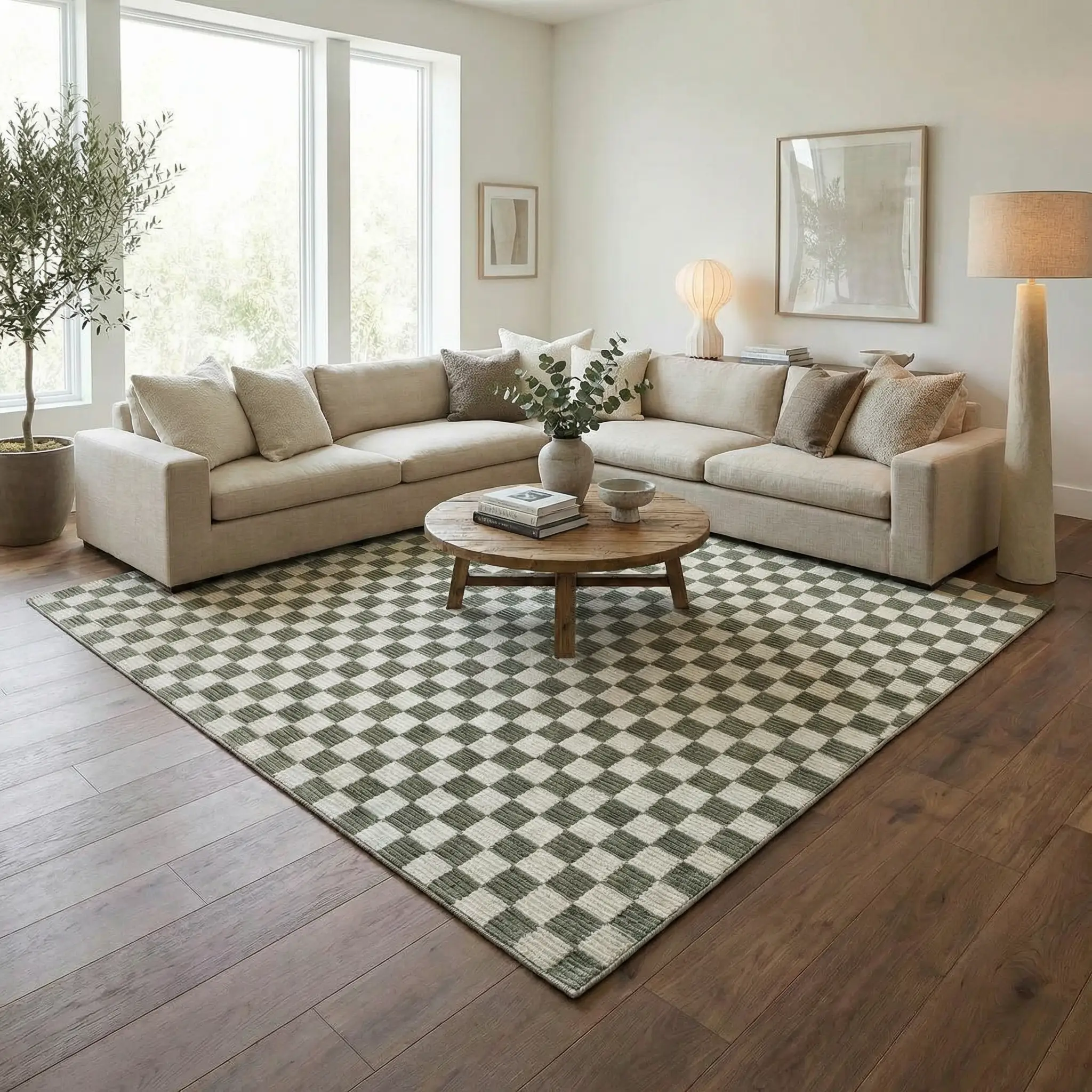 Kaysar Olive Green Checkered Washable Area Rug by Boutique Rugs