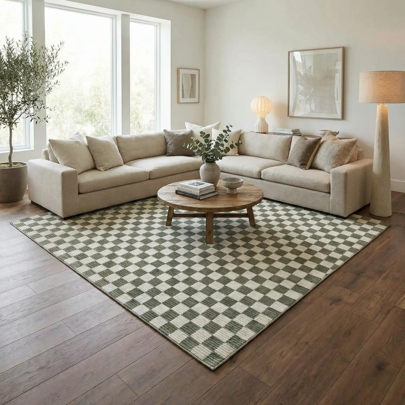 Kaysar Olive Green Checkered Washable Area Rug by Boutique Rugs