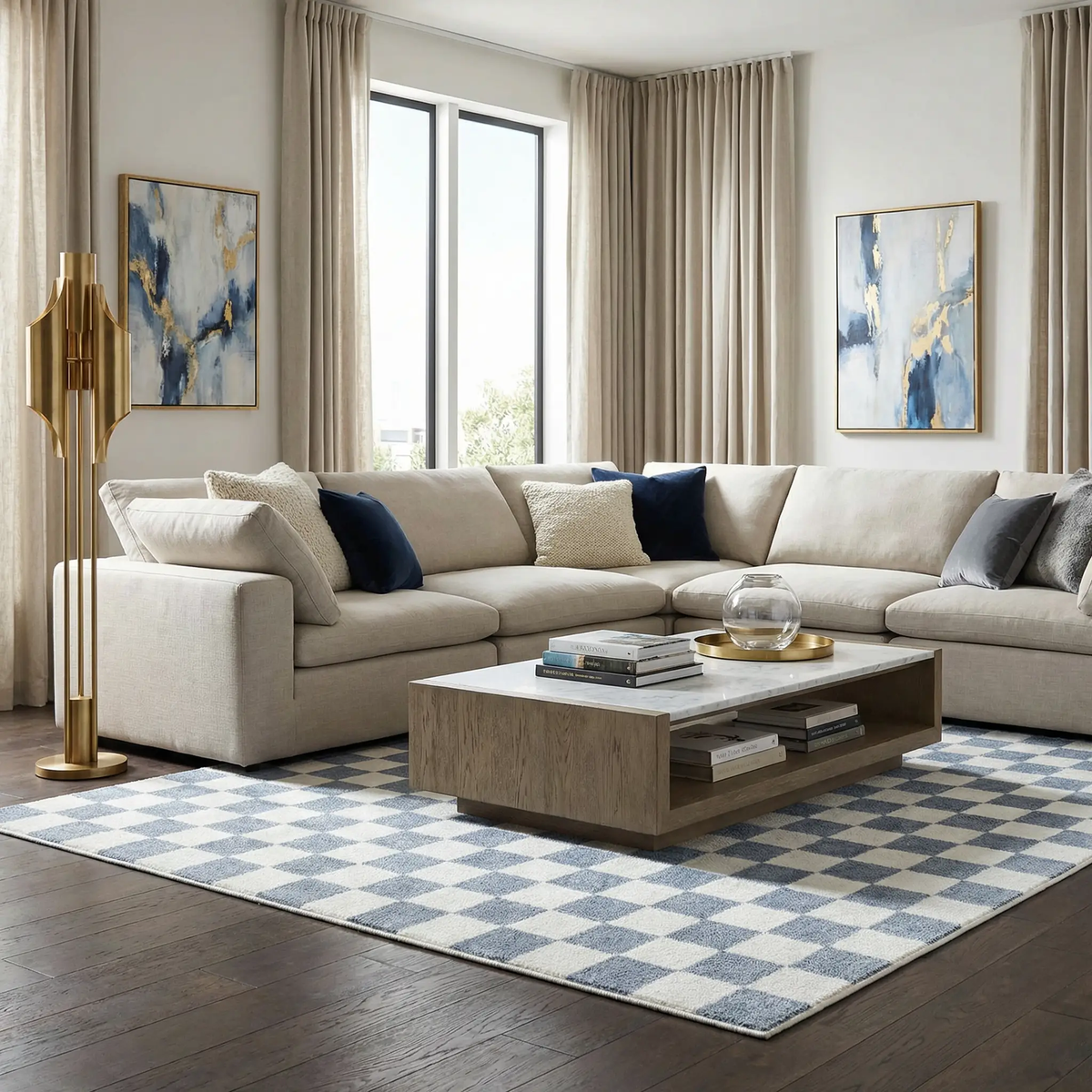 Brone Blue Checkered Washable Rug, photo 2 of 25