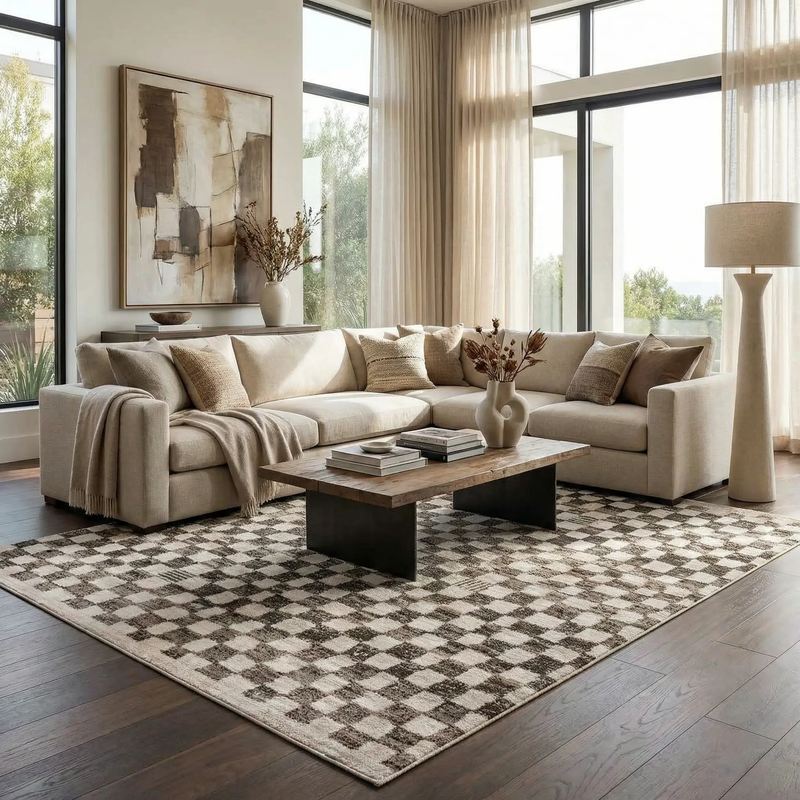 Benjy Cream & Charcoal Checkered Area Rug by Boutique Rugs