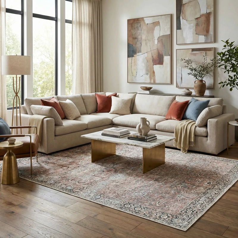 Peach Noda Vintage Washable Area Rug - Clearance by Boutique Rugs