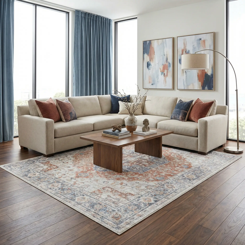 Akram Gray & Orange Washable Area Rug - Clearance by Boutique Rugs