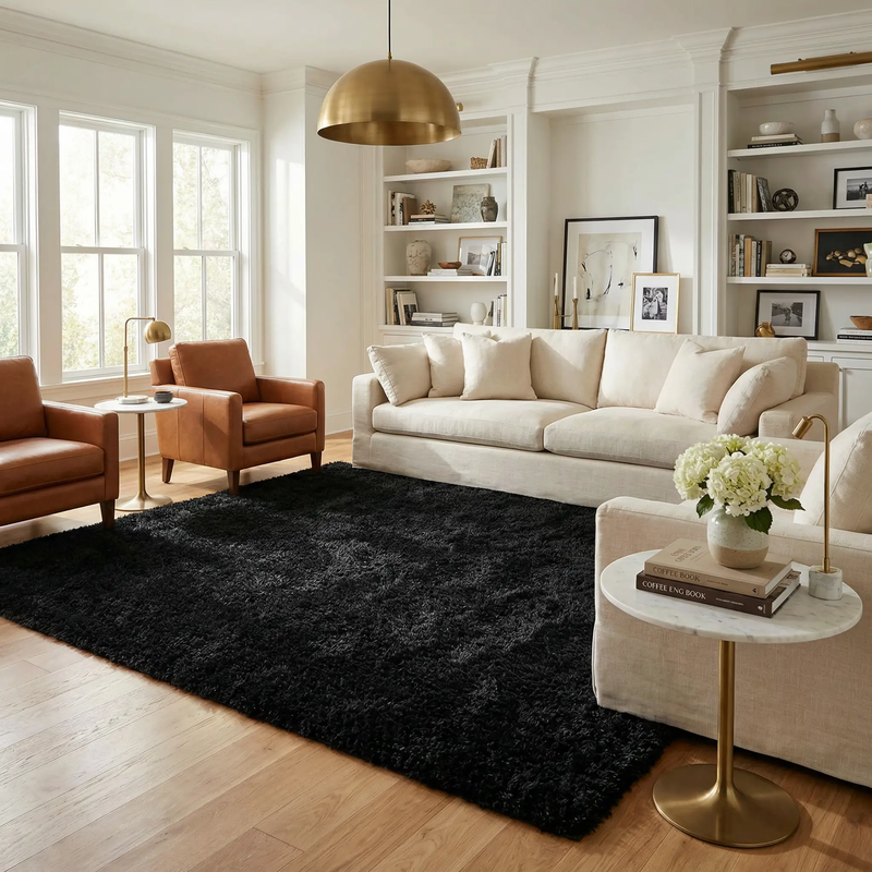 Faina Solid Black Shag Washable Area Rug - Clearance by Boutique Rugs