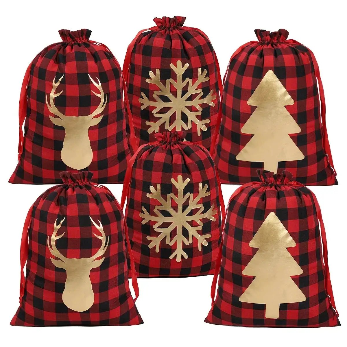 Polyester Christmas Gift Bags with Drawstring - Red & Checkered Medium Size by House Of Avana