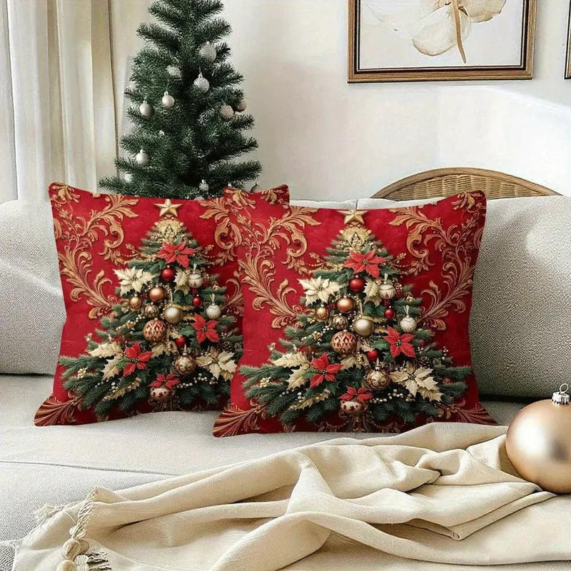 Polyester Christmas Throw Pillow Covers - Red with Golden Ornament & Zipper by House Of Avana