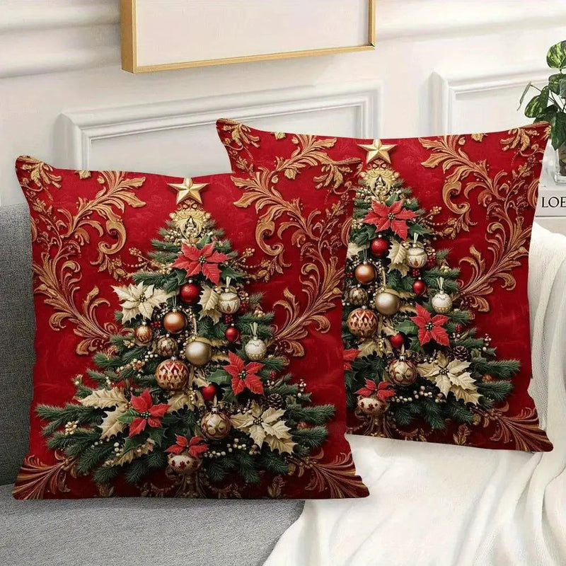 Polyester Christmas Throw Pillow Covers - Red with Golden Ornament & Zipper by House Of Avana