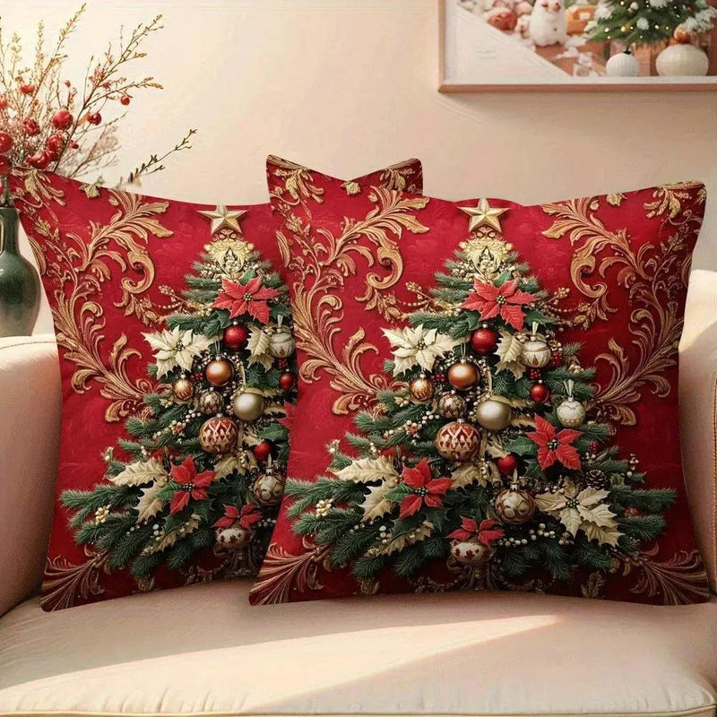 Polyester Christmas Throw Pillow Covers - Red with Golden Ornament & Zipper by House Of Avana