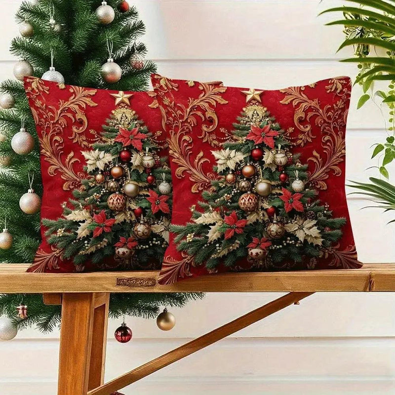 Polyester Christmas Throw Pillow Covers - Red with Golden Ornament & Zipper by House Of Avana