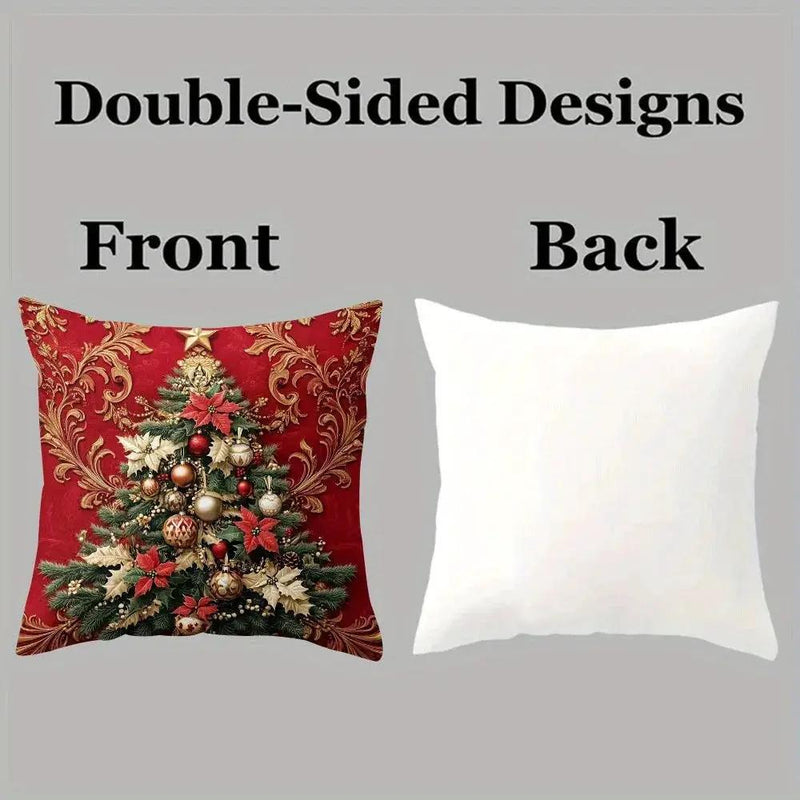 Polyester Christmas Throw Pillow Covers - Red with Golden Ornament & Zipper by House Of Avana