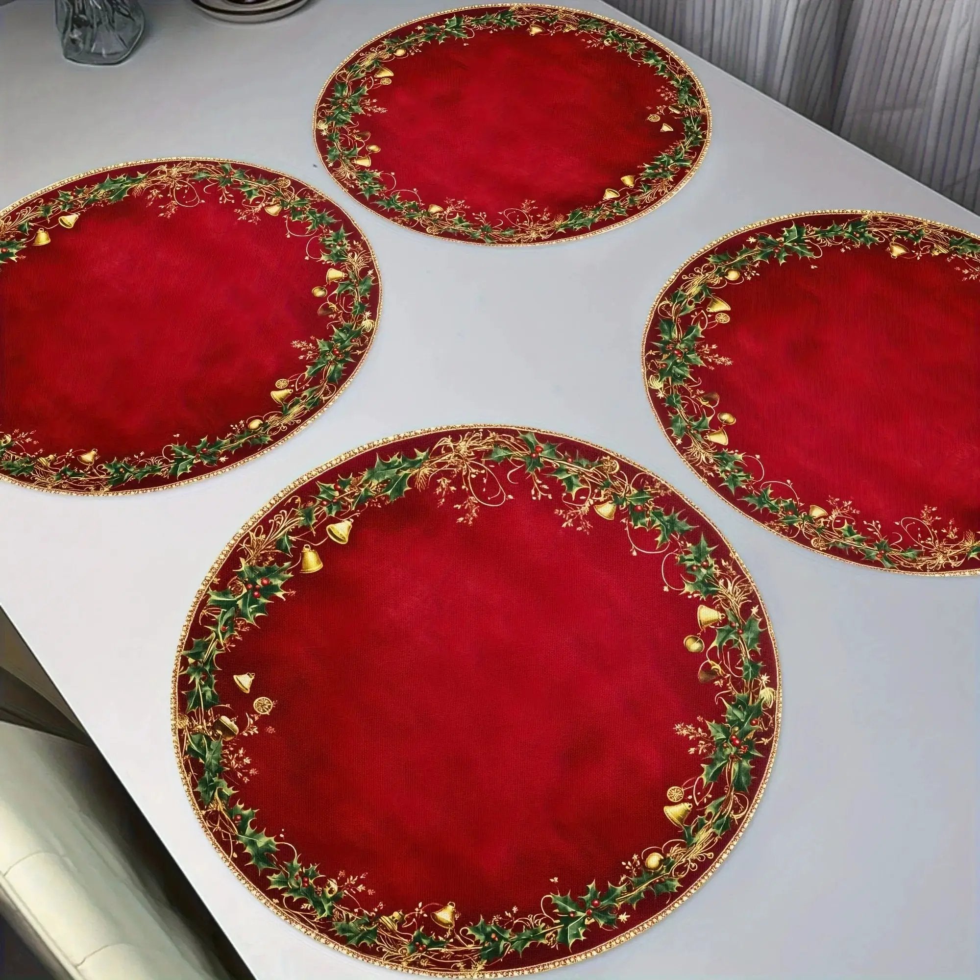 Polyester Placemats 4pcs Red & Golden 38.1cm Round Table Mats with Leaf Pattern by House Of Avana