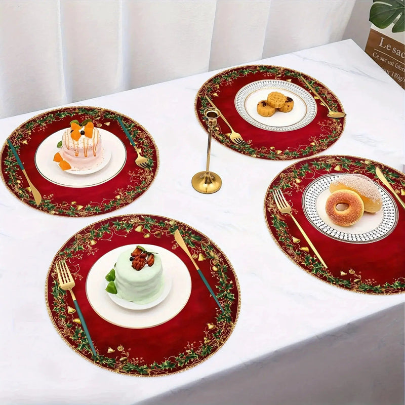 Polyester Placemats 4pcs Red & Golden 38.1cm Round Table Mats with Leaf Pattern by House Of Avana