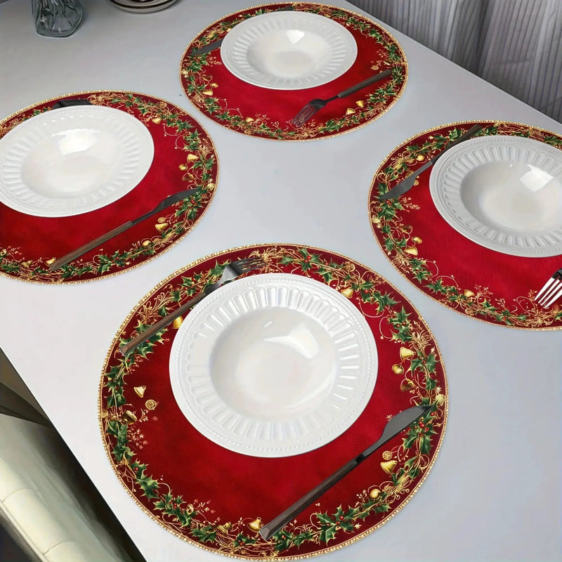 Polyester Placemats 4pcs Red & Golden 38.1cm Round Table Mats with Leaf Pattern by House Of Avana