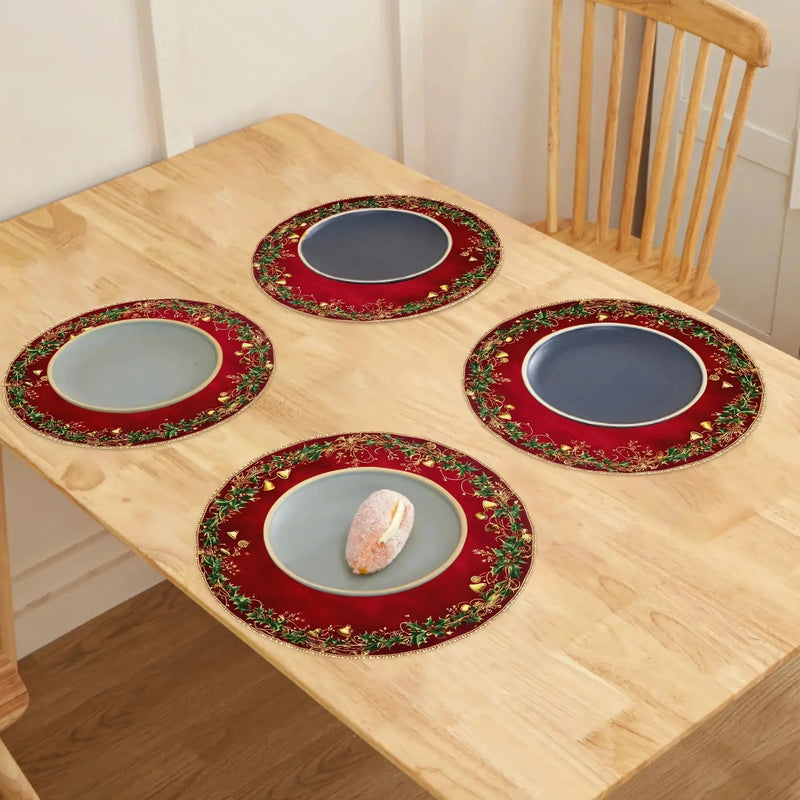 Polyester Placemats 4pcs Red & Golden 38.1cm Round Table Mats with Leaf Pattern by House Of Avana
