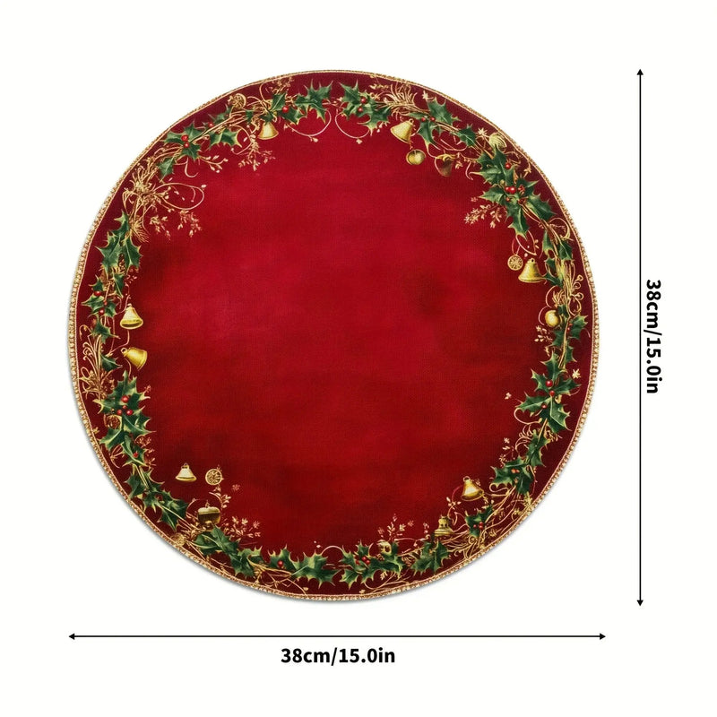 Polyester Placemats 4pcs Red & Golden 38.1cm Round Table Mats with Leaf Pattern by House Of Avana