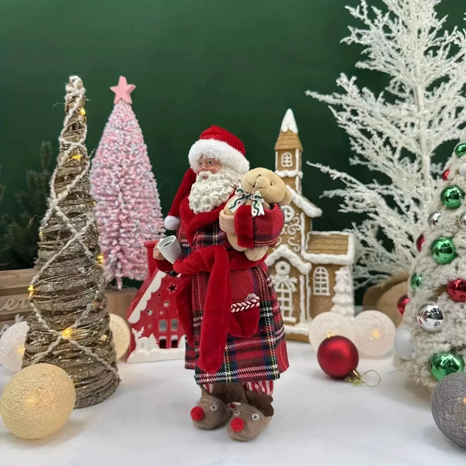 Polyester Santa Claus Figurine 11" with Red & Green Plaid and Teddy Bear by House Of Avana