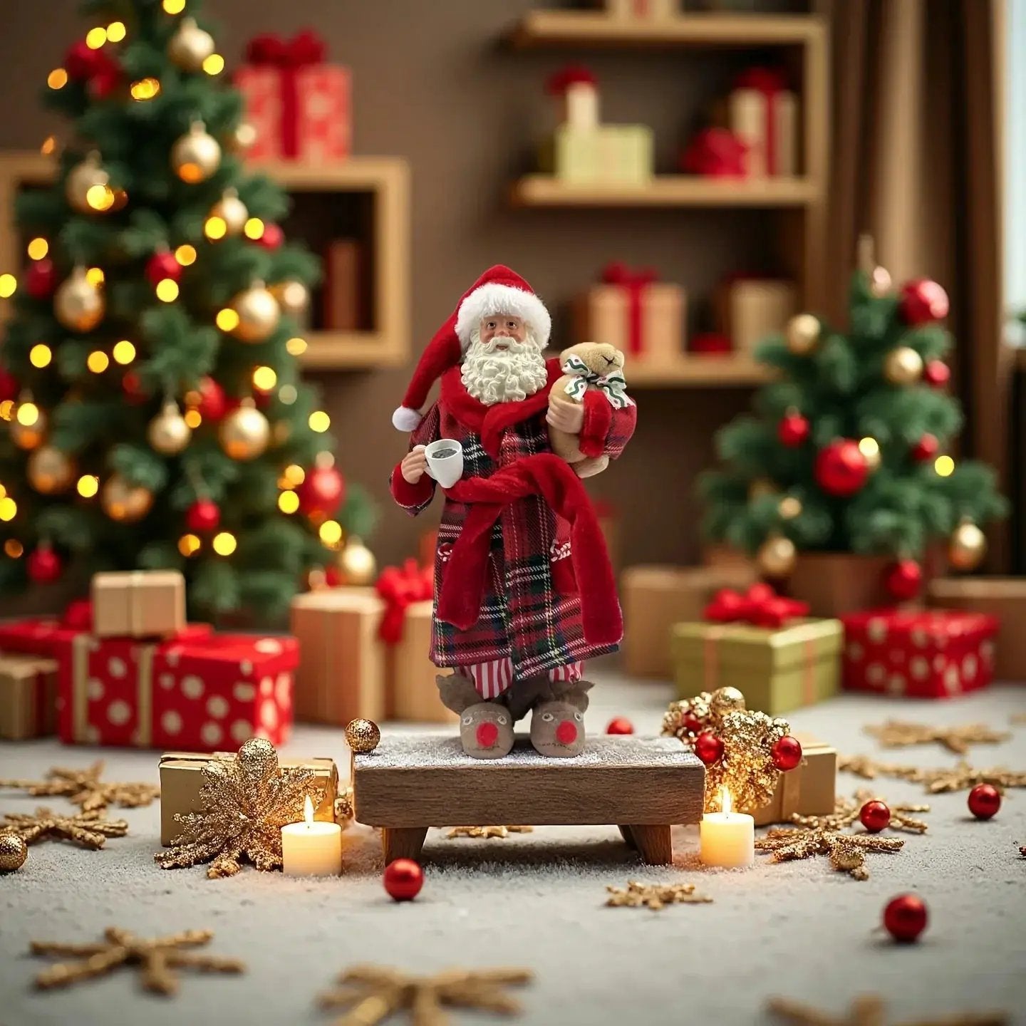 Polyester Santa Claus Figurine 11" with Red & Green Plaid and Teddy Bear by House Of Avana