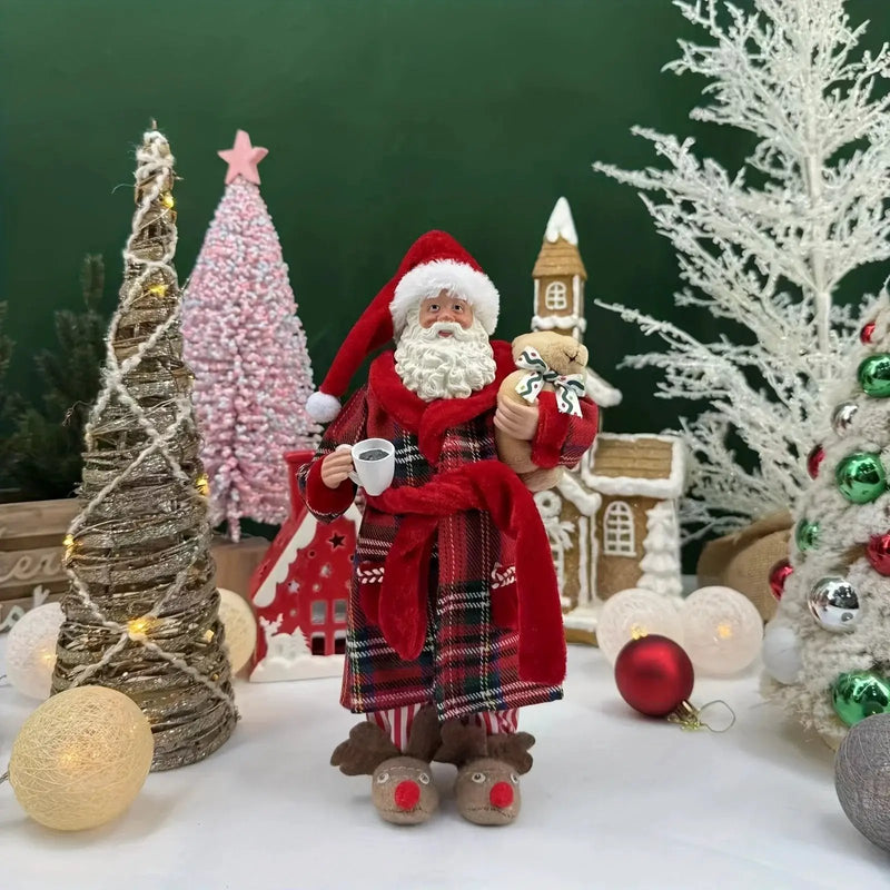 Polyester Santa Claus Figurine 11" with Red & Green Plaid and Teddy Bear by House Of Avana