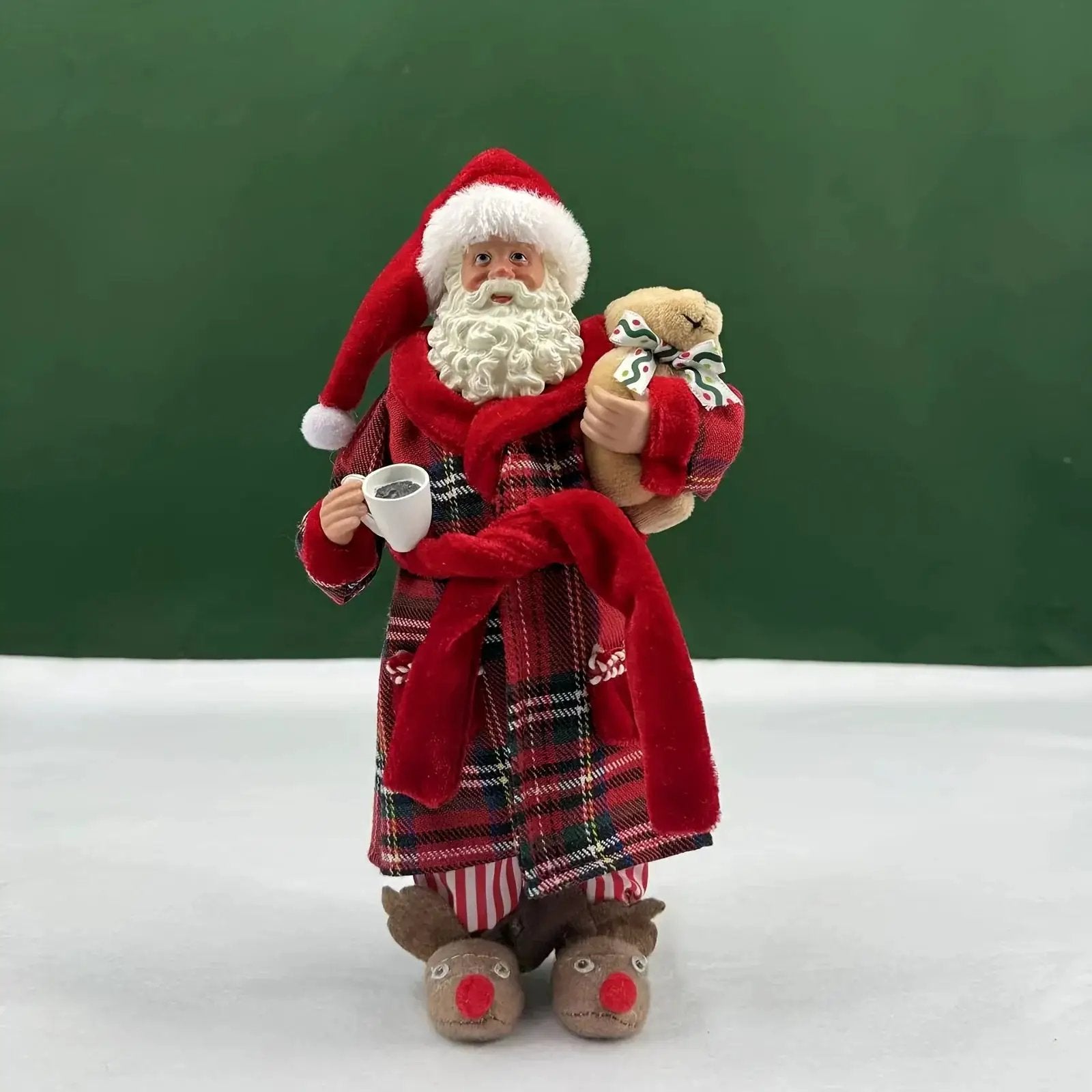 Polyester Santa Claus Figurine 11" with Red & Green Plaid and Teddy Bear by House Of Avana