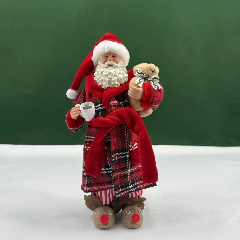 Polyester Santa Claus Figurine 11" with Red & Green Plaid and Teddy Bear by House Of Avana