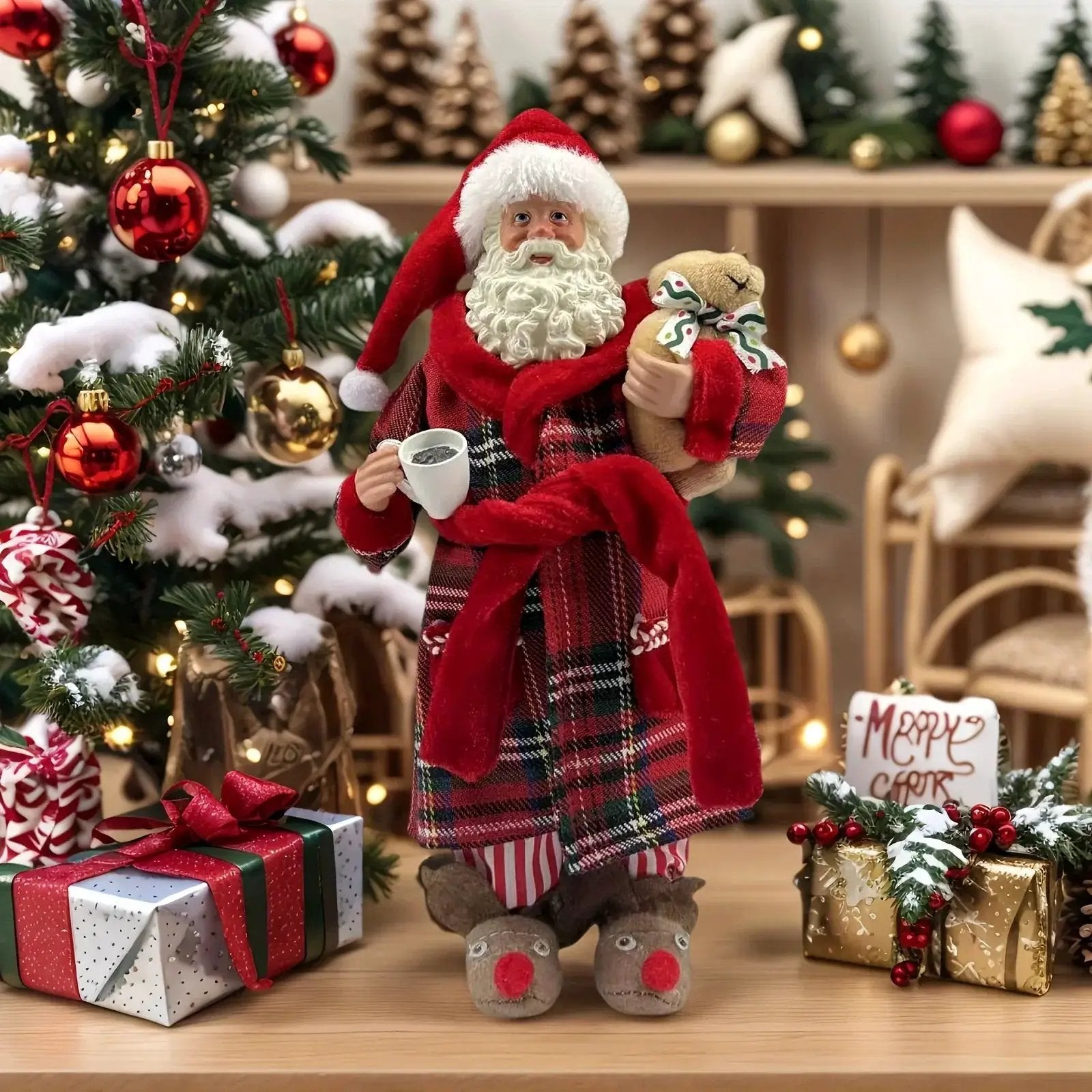 Polyester Santa Claus Figurine 11" with Red & Green Plaid and Teddy Bear by House Of Avana