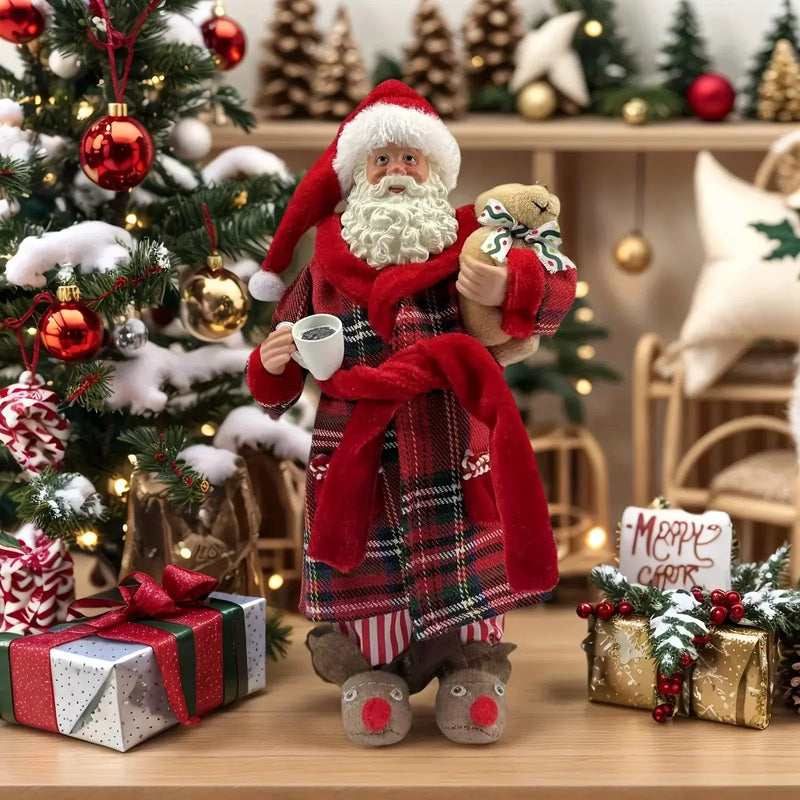 Polyester Santa Claus Figurine 11" with Red & Green Plaid and Teddy Bear by House Of Avana