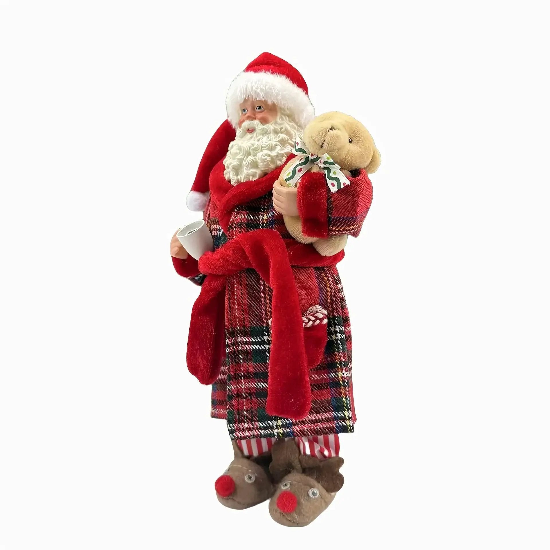 Polyester Santa Claus Figurine 11" with Red & Green Plaid and Teddy Bear by House Of Avana