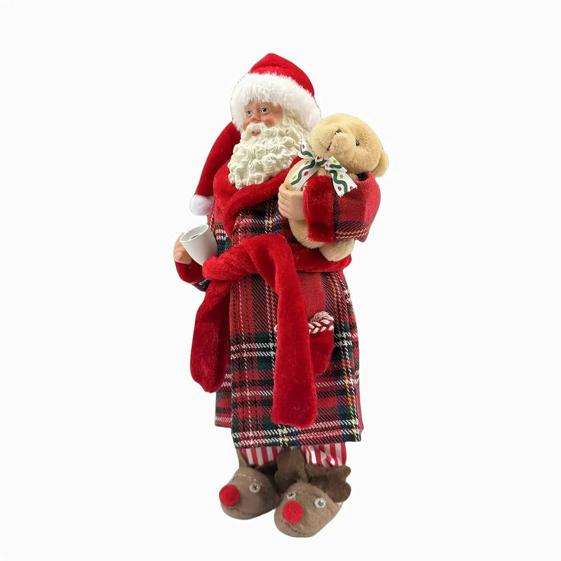 Polyester Santa Claus Figurine 11" with Red & Green Plaid and Teddy Bear by House Of Avana