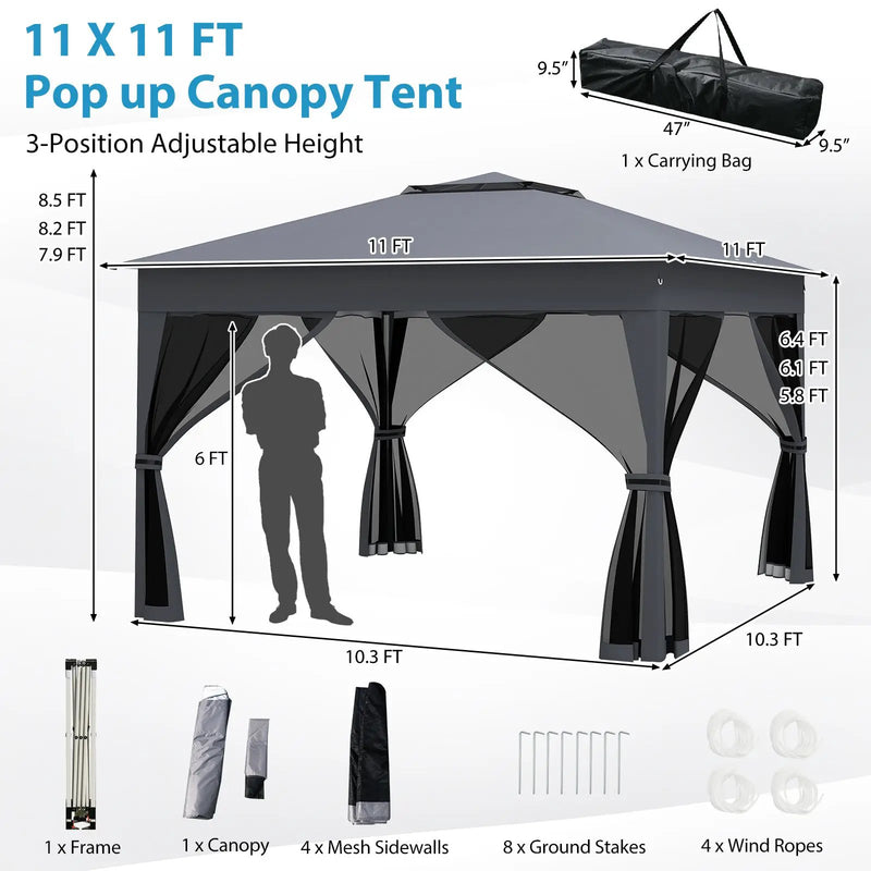 11 X 11 FT Pop Up Gazebo with Mesh Netting and Double Roof-Gray by DirectDeals