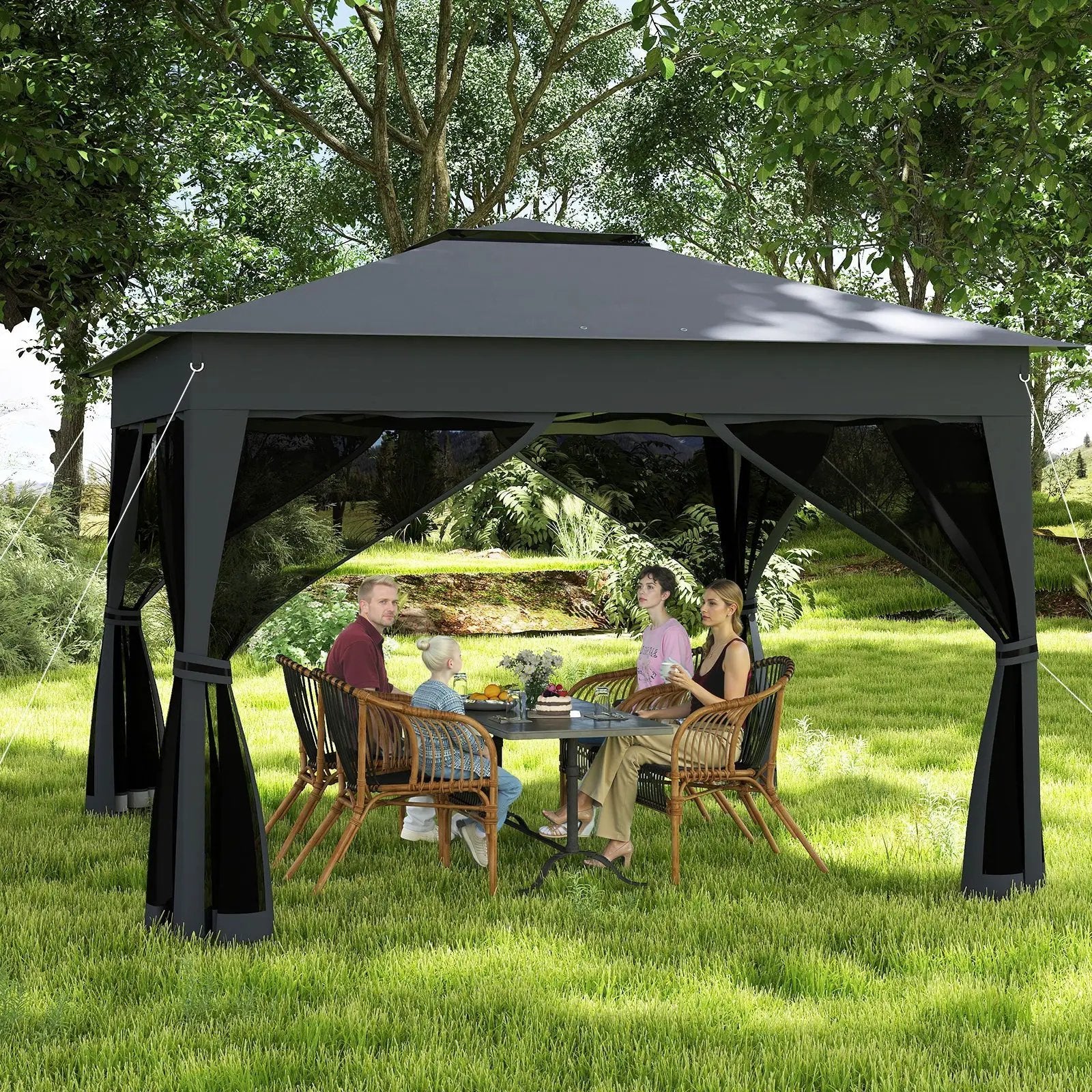 11 X 11 FT Pop Up Gazebo with Mesh Netting and Double Roof-Gray by DirectDeals
