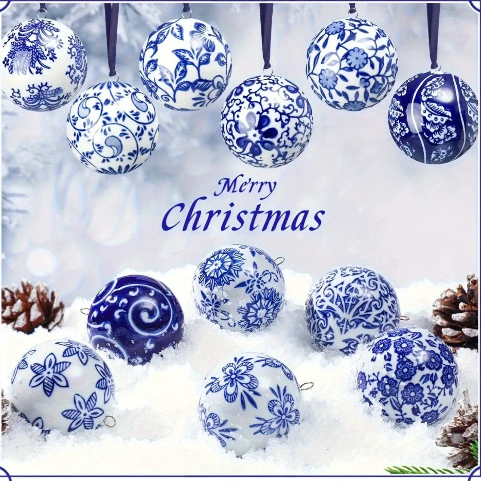 Porcelain Christmas Decor Set of 12 Blue and White Ornaments by House Of Avana