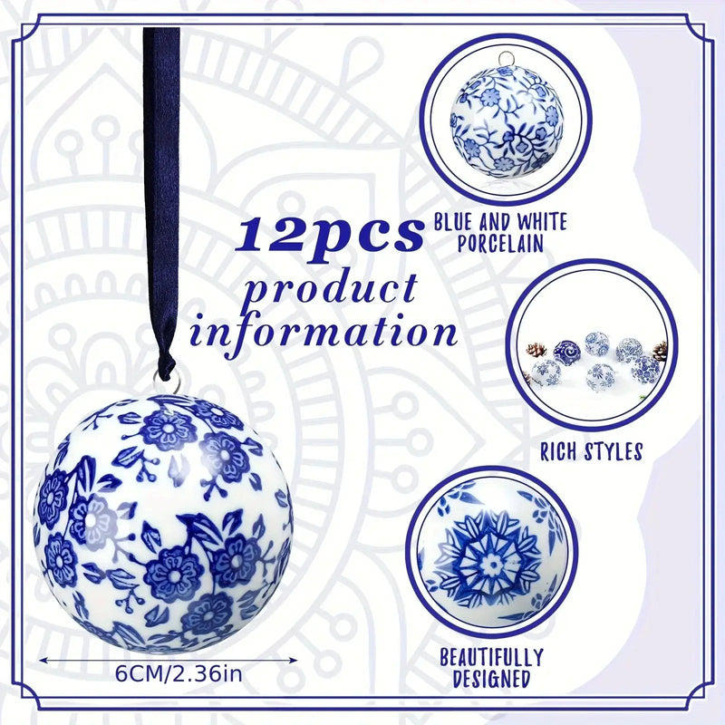 Porcelain Christmas Decor Set of 12 Blue and White Ornaments by House Of Avana
